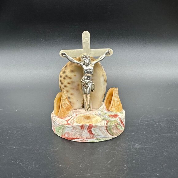 Vintage 1950s Shell Jesus Crucifix Religious Figurine Dish Beach Nautical Kitsch - Picture 2 of 11